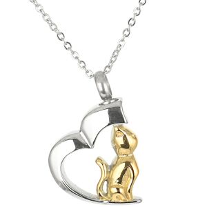 Asche Anhänger Herz mit Katze Farbe Silber Gold  poliert Gedenk Schmuck aus Edelstahl AP 477 SG