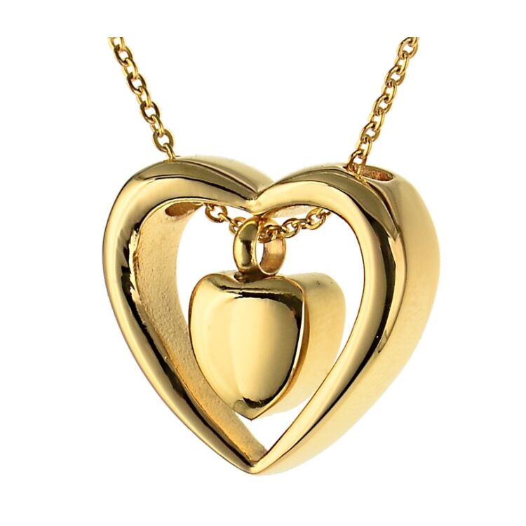Asche Anhänger Andenken zweiteiliges Herz in der Farbe Gold aus Edelstahl AP 67 Gold