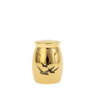 Goldfarbene Micro Urne aus Edelstahl mit Vögeln auf der Vorderseite MUS1 G