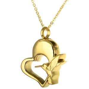 Asche Anhänger Andenken goldfarbenes Herz mittelgroß mit einem Kohlibri aus poliertem Edelstahl AP 499 Gold
