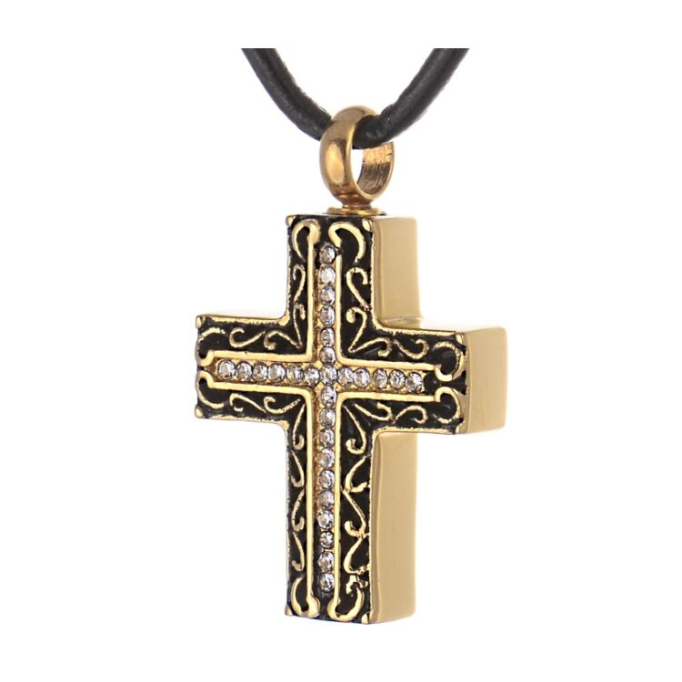 Asche Anhänger Kreuz in der Farbe Gold mit Zirkonia Steinen aus Edelstahl Gravur AP 281