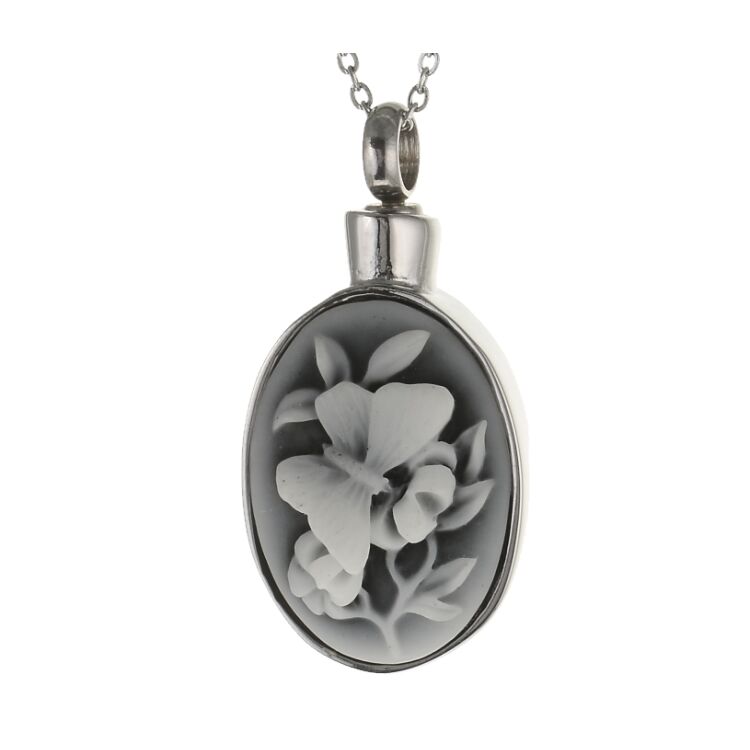 Asche Medallion mit einem Schmetterling auf einer Blume 3D Grundfarbe Grau aus Edelstahl AP 297