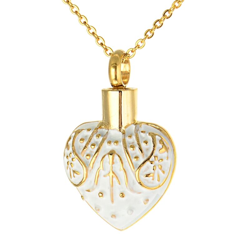 Herz Farbe Gold mit Weiß abgesetztem Muster als Asche Anhänger aus Edelstahl Gravur AP 327
