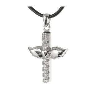 Charismatum® 925 Sterling Silber Asche Anhänger Kreuz mit Herz und Flügeln verziert mit Zirkonia Steinen APS 6